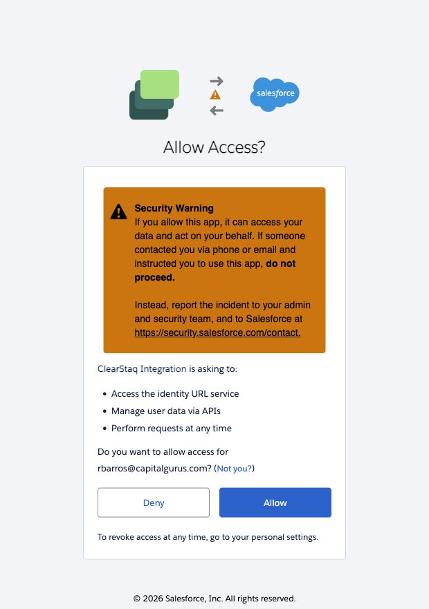 Salesforce access screen asking to allow the ClearStaq Integration app