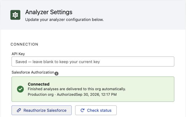 ClearStaq Analyzer Settings in Salesforce showing Salesforce Authorization as Connected for a Production org, with Reauthorize Salesforce and Check status buttons